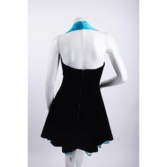 La Glo 1980s Vintage Velvet Rocker Halter Dress Collared Blue Women's Small - Picture 3 of 6